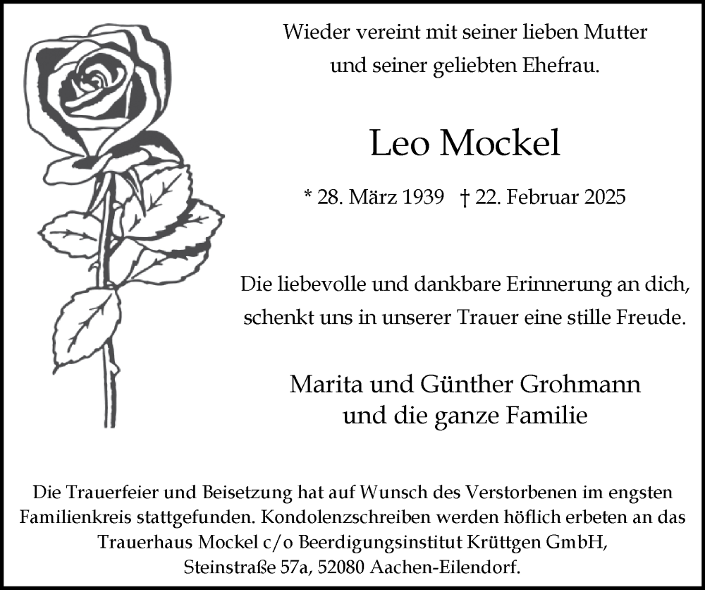  Traueranzeige für Leo Mockel vom 16.03.2025 aus Zeitung am Sonntag