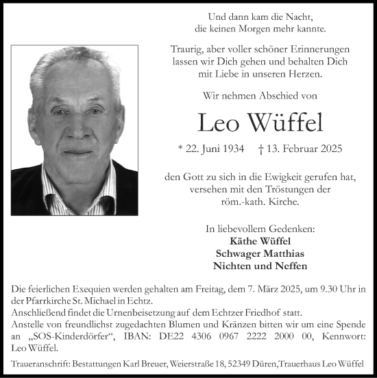 Traueranzeige von Leo Wüffel von Zeitung am Sonntag