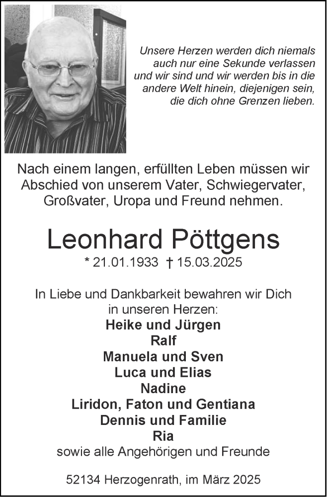  Traueranzeige für Leonhard Pöttgens vom 23.03.2025 aus Zeitung am Sonntag