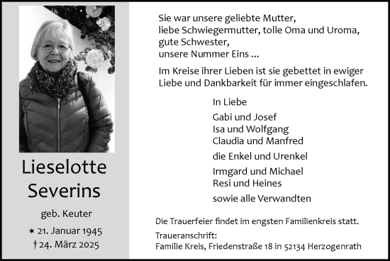 Traueranzeige von Lieselotte Severins von Zeitung am Sonntag