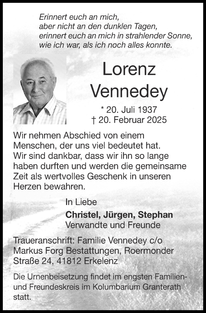  Traueranzeige für Lorenz Vennedey vom 02.03.2025 aus Zeitung am Sonntag