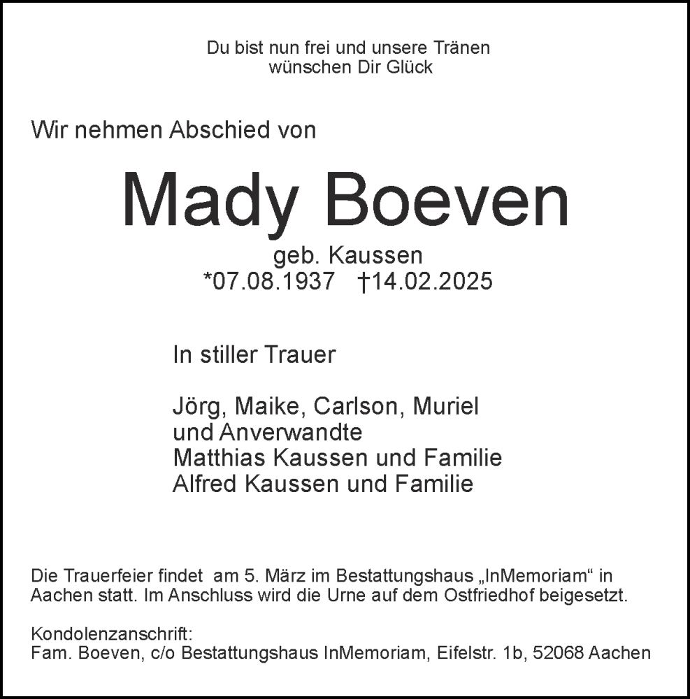  Traueranzeige für Mady Boeven vom 02.03.2025 aus Zeitung am Sonntag
