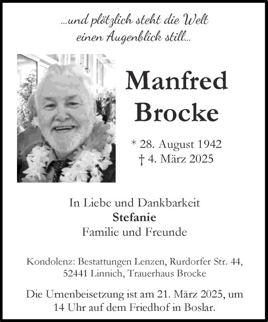 Traueranzeige von Manfred Brocke von Zeitung am Sonntag