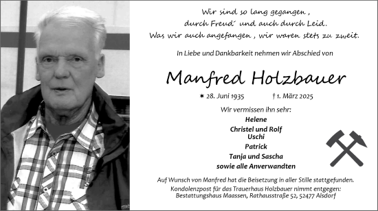 Traueranzeige von Manfred Holzbauer von Zeitung am Sonntag