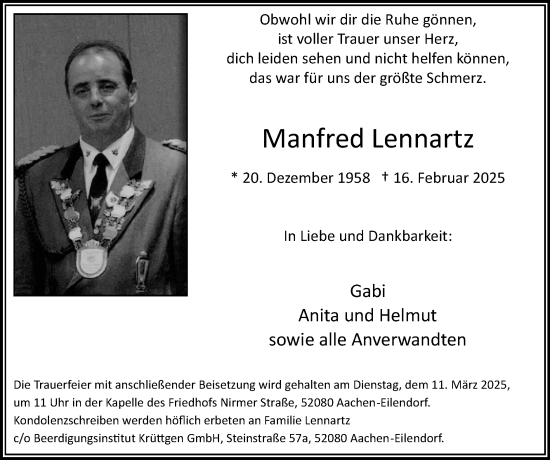 Traueranzeige von Manfred Lennartz von Zeitung am Sonntag