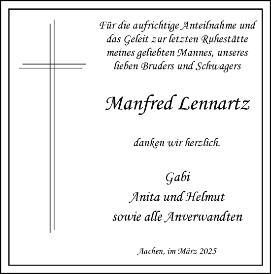 Traueranzeige von Manfred Lennartz von Zeitung am Sonntag