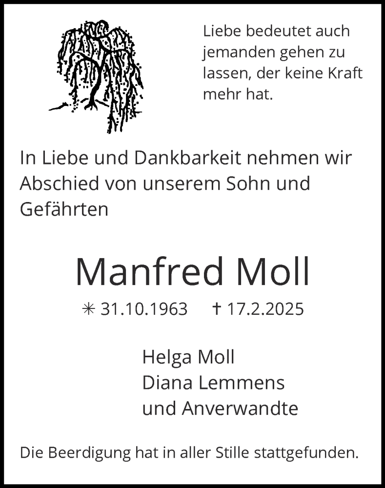  Traueranzeige für Manfred Moll vom 16.03.2025 aus Zeitung am Sonntag