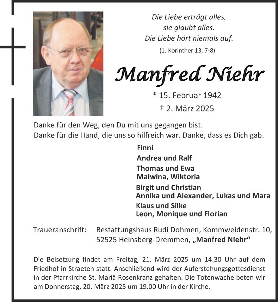  Traueranzeige für Manfred Niehr vom 16.03.2025 aus Zeitung am Sonntag