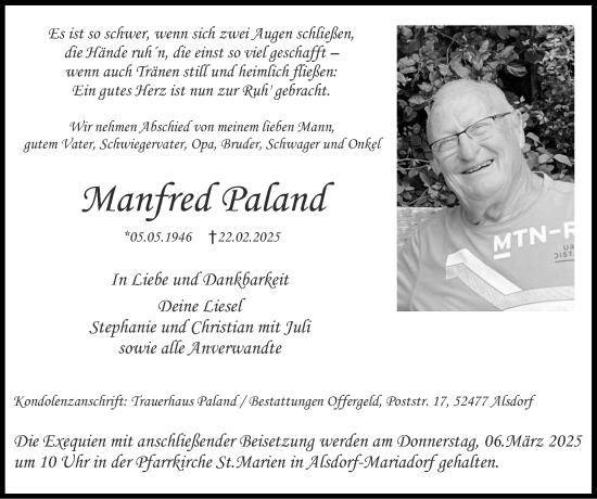Traueranzeige von Manfred Paland von Zeitung am Sonntag