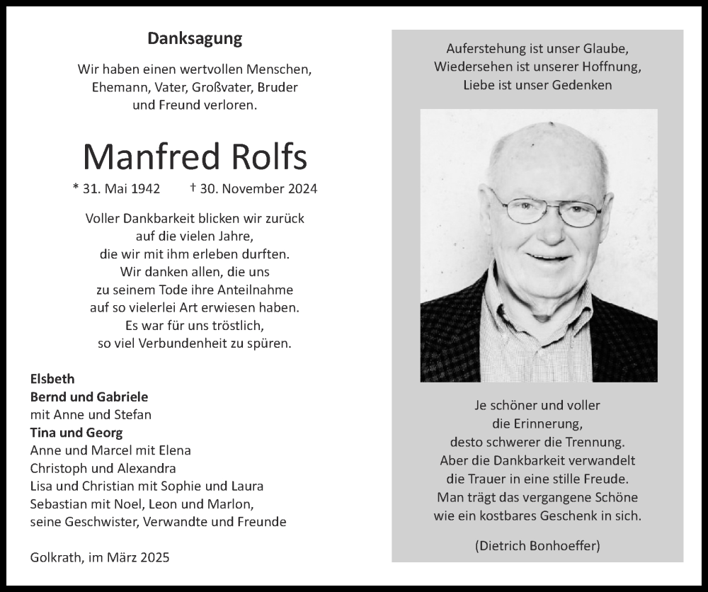  Traueranzeige für Manfred Rolfs vom 09.03.2025 aus Zeitung am Sonntag