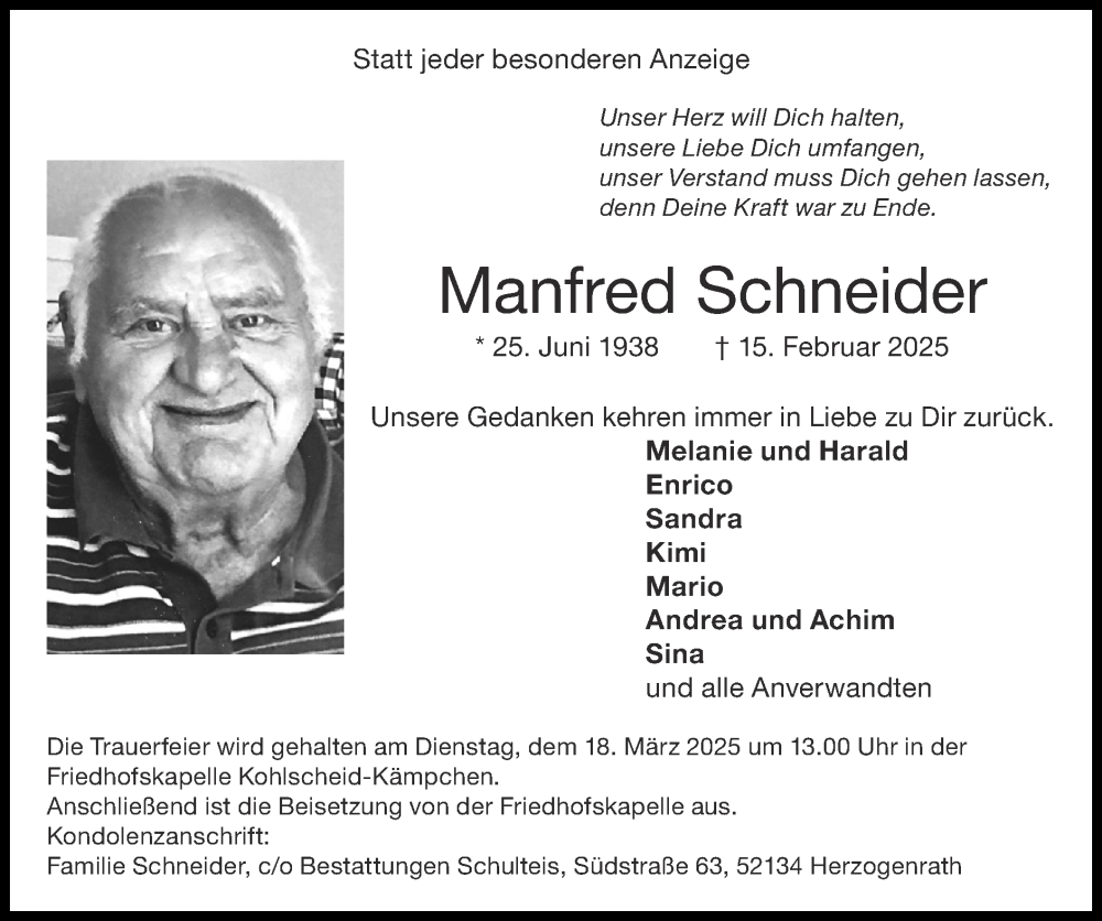  Traueranzeige für Manfred Schneider vom 16.03.2025 aus Zeitung am Sonntag
