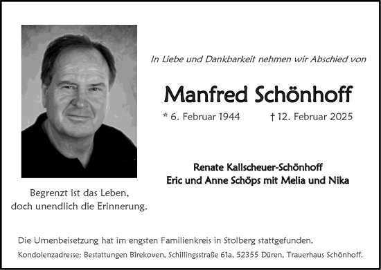 Traueranzeige von Manfred Schönhoff von Zeitung am Sonntag