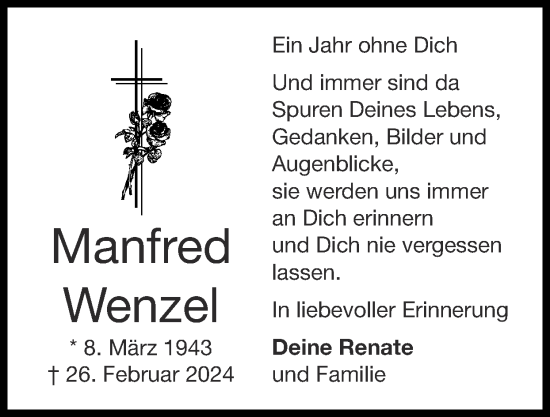 Traueranzeige von Manfred Wenzel von Zeitung am Sonntag