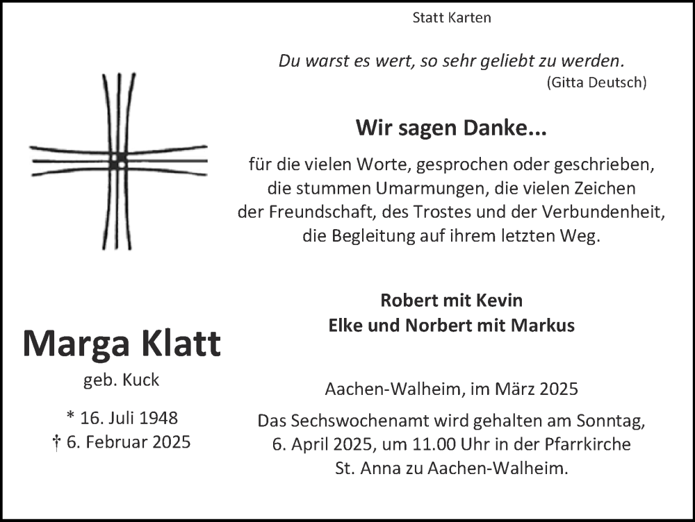  Traueranzeige für Marga Klatt vom 30.03.2025 aus Zeitung am Sonntag