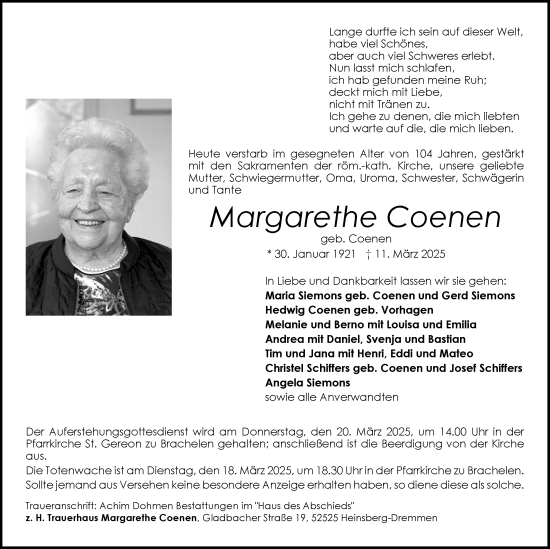 Traueranzeige von Margarethe Coenen von Zeitung am Sonntag