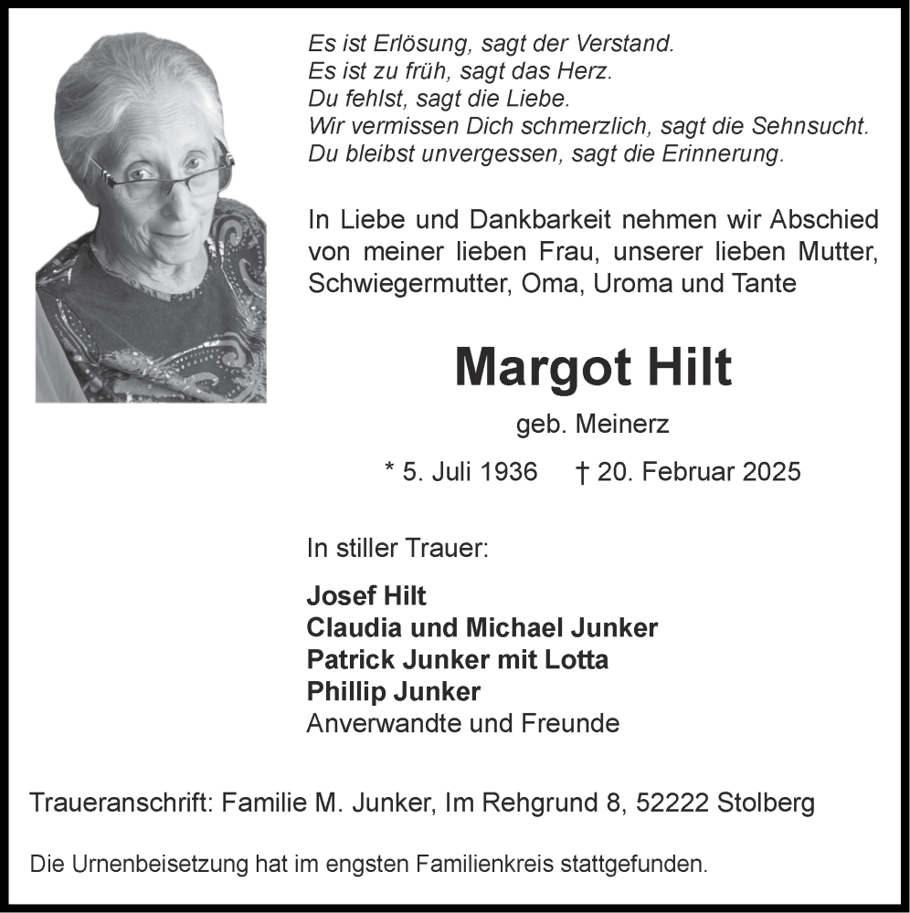  Traueranzeige für Margot Hilt vom 23.03.2025 aus Zeitung am Sonntag
