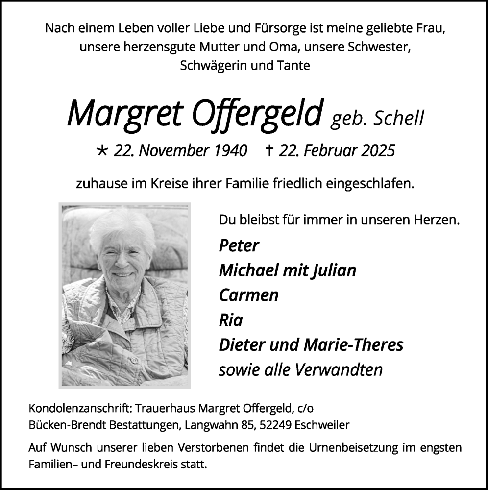  Traueranzeige für Margret Offergeld vom 09.03.2025 aus Zeitung am Sonntag