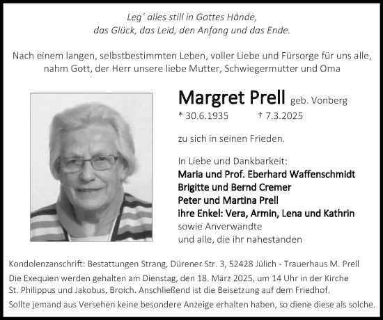 Traueranzeige von Margret Prell von Zeitung am Sonntag