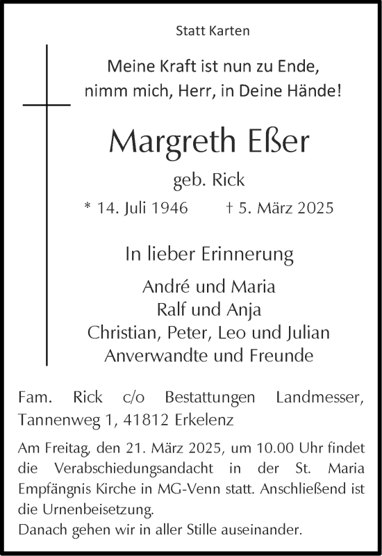 Traueranzeige von Margreth Esser von Zeitung am Sonntag