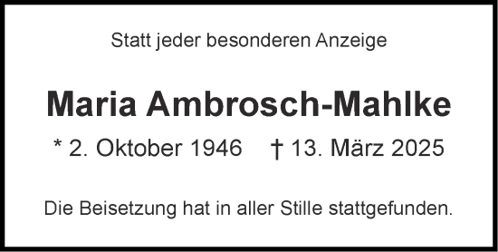Traueranzeige von Maria Ambrosch-Mahlke von Zeitung am Sonntag