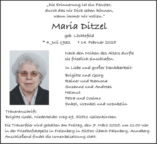 Traueranzeige von Maria Ditzel von Zeitung am Sonntag