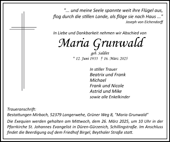 Traueranzeige von Maria Grunwald von Zeitung am Sonntag