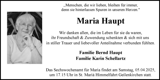 Traueranzeige von Maria Haupt von Zeitung am Sonntag