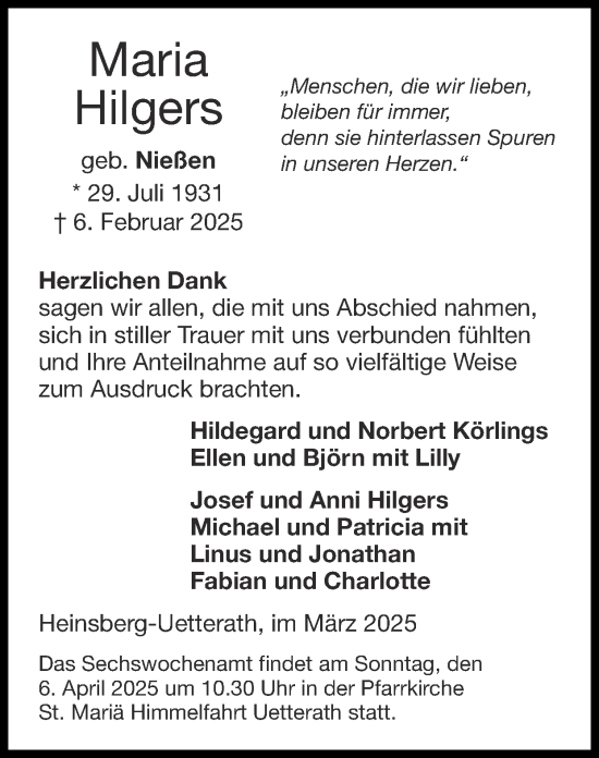 Traueranzeige von Maria Hilgers von Zeitung am Sonntag