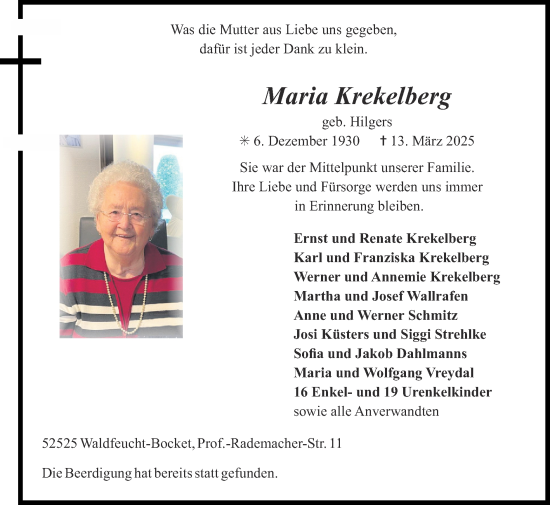Traueranzeige von Maria Krekelberg von Zeitung am Sonntag