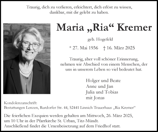 Traueranzeige von Maria Kremer von Zeitung am Sonntag