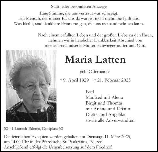 Traueranzeige von Maria Latten von Zeitung am Sonntag