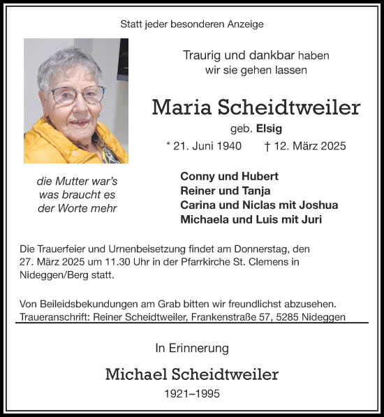 Traueranzeige von Maria Scheidtweiler von Zeitung am Sonntag