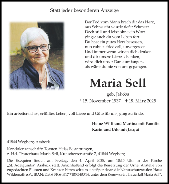 Traueranzeige von Maria Sell von Zeitung am Sonntag