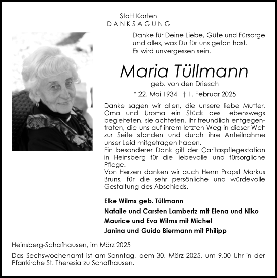 Traueranzeige von Maria Tüllmann von Zeitung am Sonntag