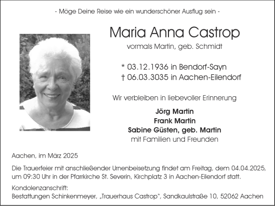 Traueranzeige von Maria Anna Castrop von Zeitung am Sonntag