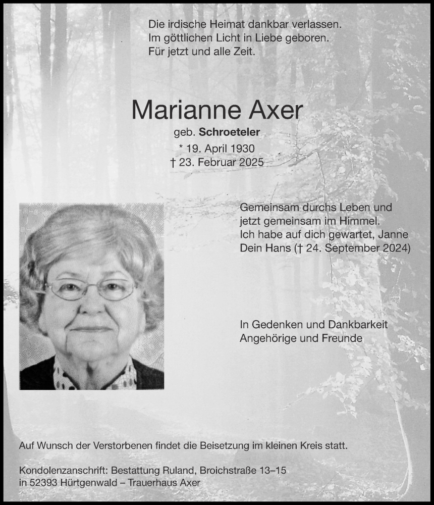  Traueranzeige für Marianne Axer vom 08.03.2025 aus Aachener Zeitung