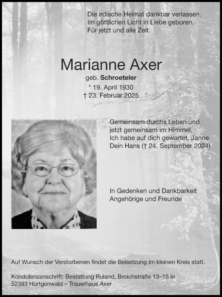  Traueranzeige für Marianne Axer vom 09.03.2025 aus Zeitung am Sonntag