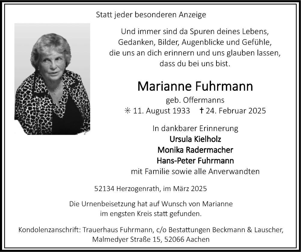 Traueranzeige für Marianne Fuhrmann vom 16.03.2025 aus Zeitung am Sonntag