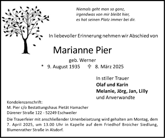 Traueranzeige von Marianne Pier von Zeitung am Sonntag