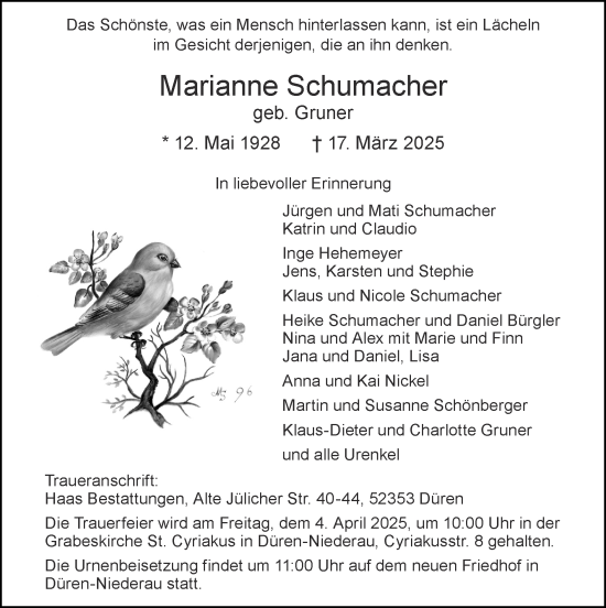 Traueranzeige von Marianne Schumacher von Zeitung am Sonntag
