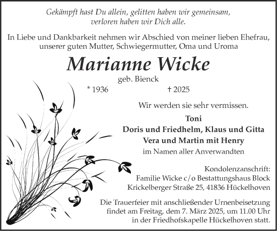 Traueranzeige von Marianne Wicke von Zeitung am Sonntag