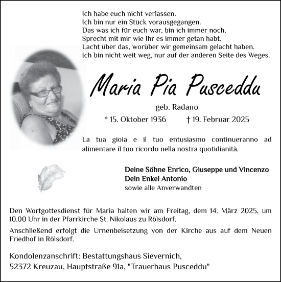Traueranzeige von Maria Pia Pusceddu von Zeitung am Sonntag
