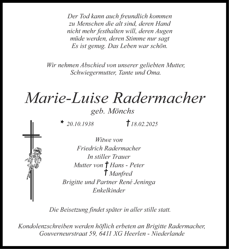 Traueranzeige für Marie-Luise Radermacher vom 16.03.2025 aus Zeitung am Sonntag