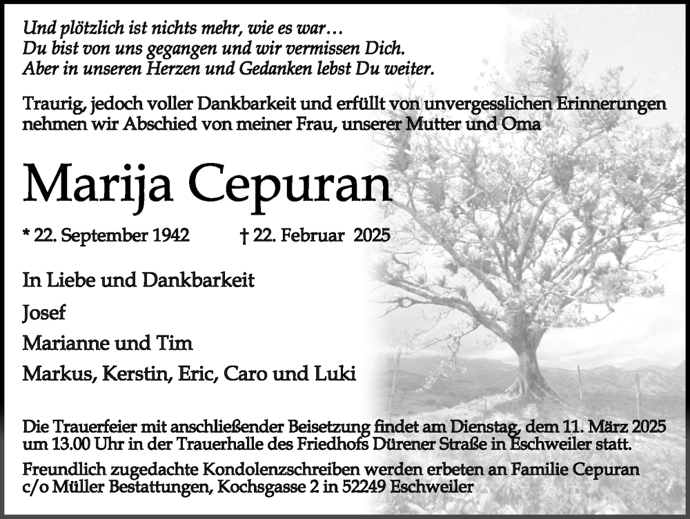  Traueranzeige für Marija Cepuran vom 09.03.2025 aus Zeitung am Sonntag