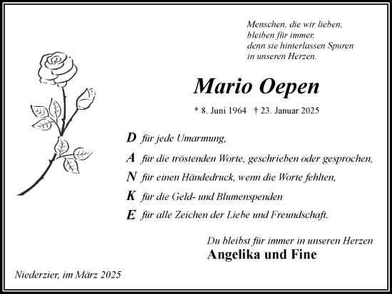 Traueranzeige von Mario Oepen von Zeitung am Sonntag