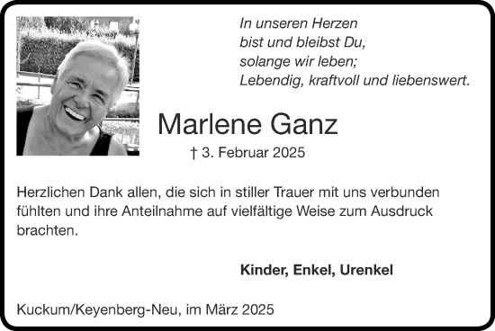 Traueranzeige von Marlene Ganz von Zeitung am Sonntag