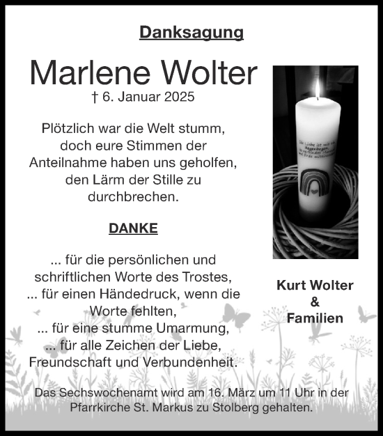 Traueranzeige von Marlene Wolter von Zeitung am Sonntag