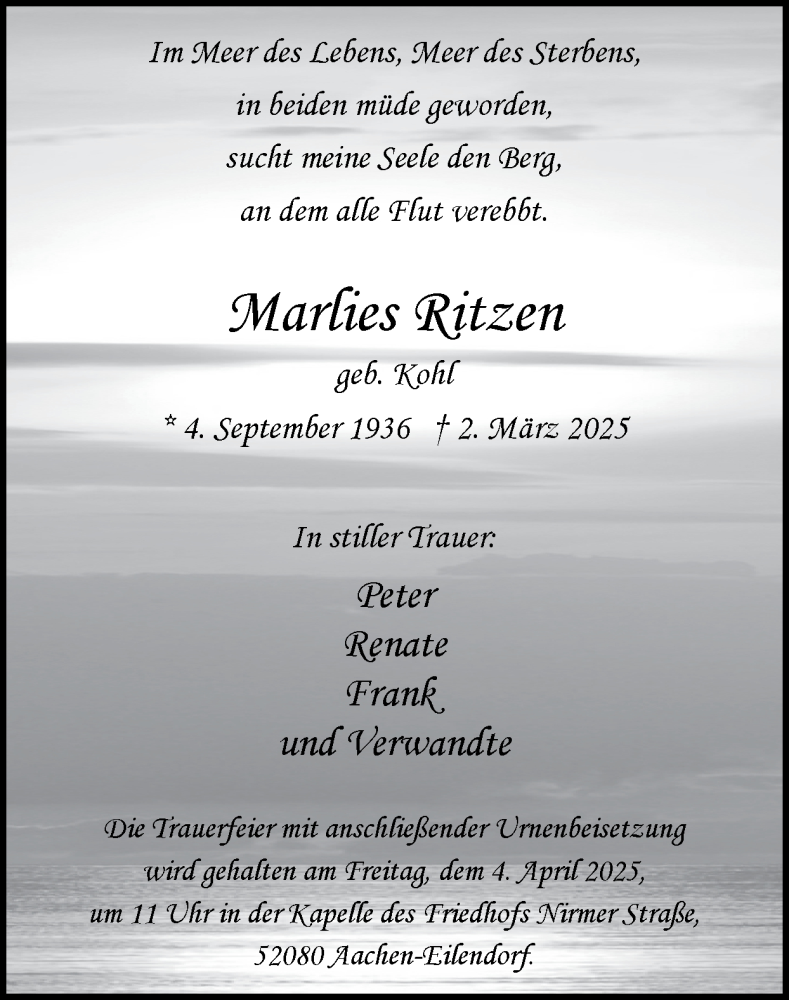  Traueranzeige für Marlies Ritzen vom 30.03.2025 aus Zeitung am Sonntag