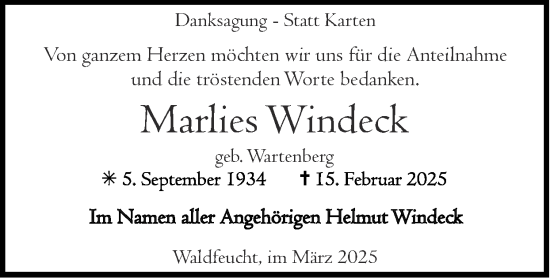 Traueranzeige von Marlies Windeck von Zeitung am Sonntag