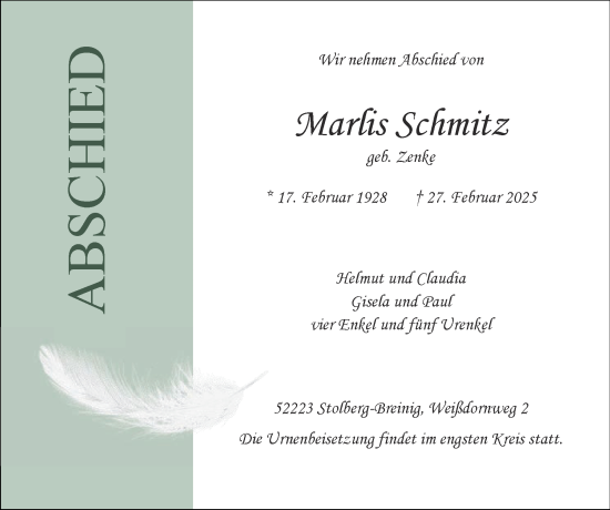 Traueranzeige von Marlis Schmitz von Zeitung am Sonntag
